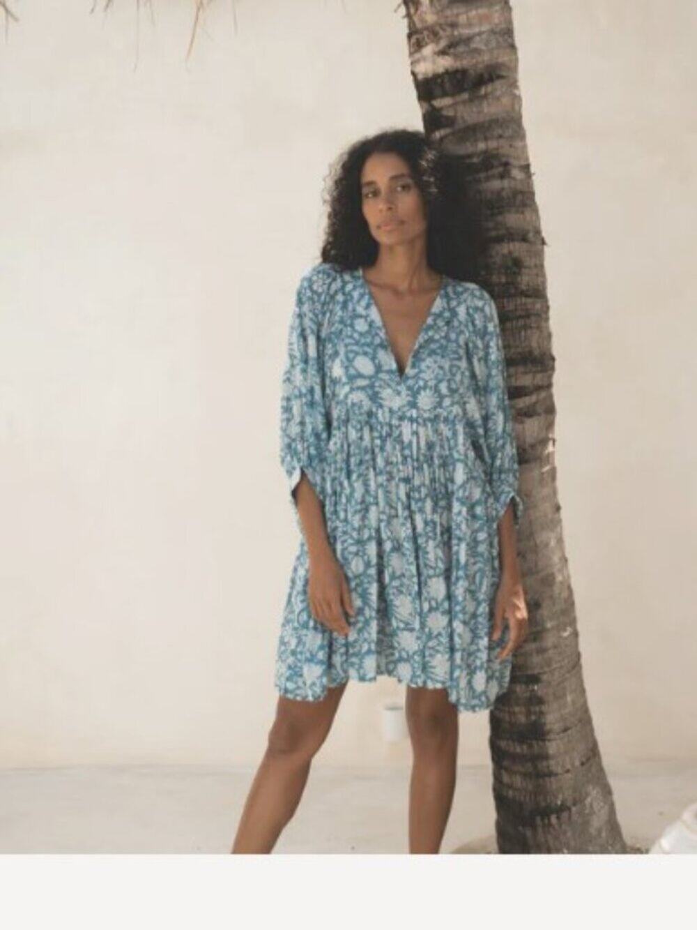 New Daughters of India Kyra Ocean Blue Floral Mini Dress Sz XL